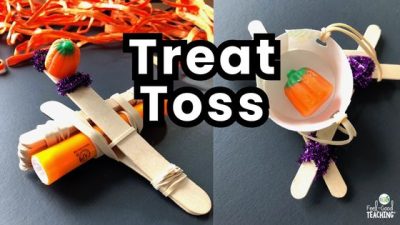 Halloween Activity - Catapult STEM - 2 designs made of craft sticks, rubber bands, and various simple materials shown