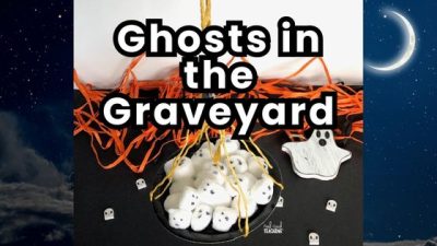 Halloween Activity - Ghost Pulley STEM - Cotton ball ghosts on paper plate, string & carabiner pulley system
