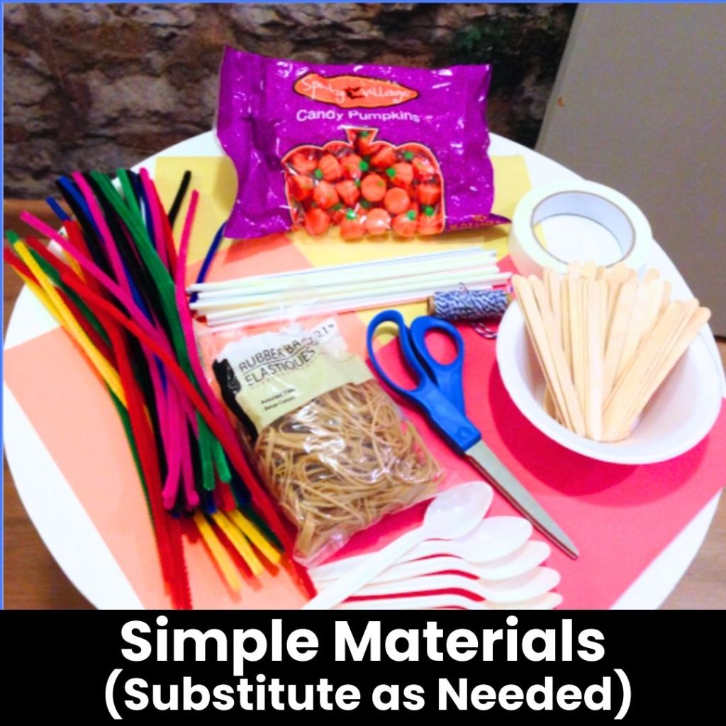 Pumpkin STEM activity materials - candy pumpkins, pipe cleaners, rubber bands, plastic spoons, craft sticks, tape, scissors