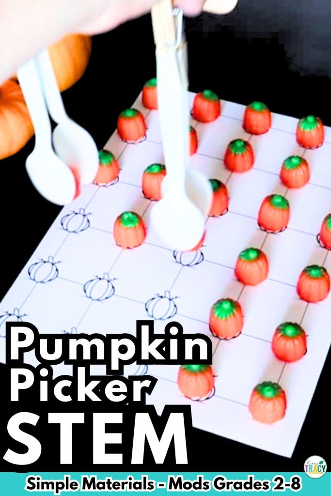Pumpkin Picker STEM activity for fall - candy pumpkins laid out in a grid with a STEM design clearing them from the field 