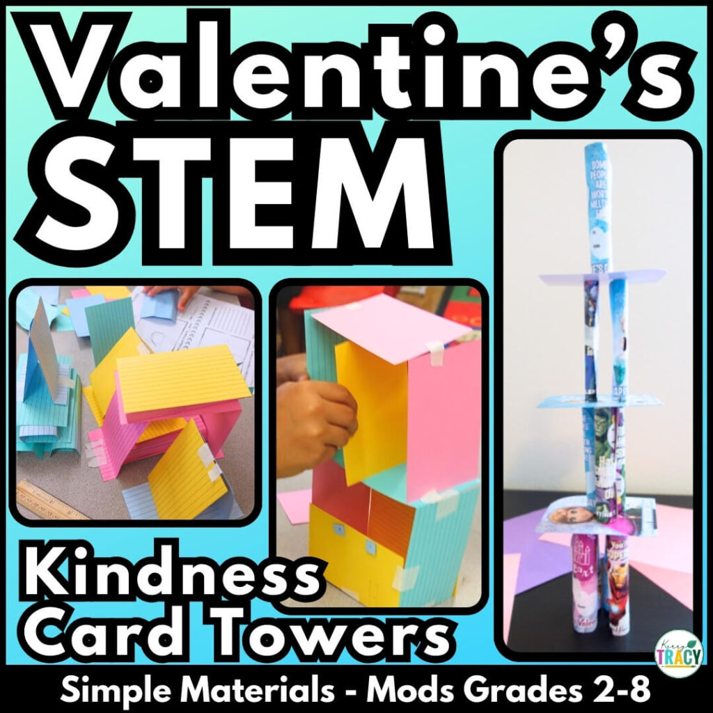 Valentine's STEM activity for Valentine's Day using Valentine's Cards - student tower designs shown