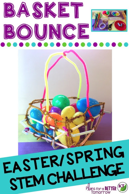 Spring or Easter STEM Challenge: In Basket Bounce, students design a basket that holds six eggs and performs well in the Basket Bounce Relay Race! Includes modifications for grades 2-8.