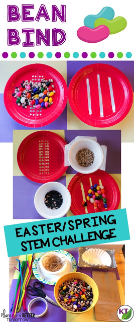 Spring or Easter STEM Challenge: In Bean Bind, students build a device to sort the jelly beans from other beans. Includes modifications for grades 2-8.