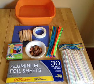 Suggested materials include aluminum foil sheets, straws, pipe cleaners, pennies, tape, and popsicle sticks. Add in your own ideas; more varied materials yield more varied student designs! 
