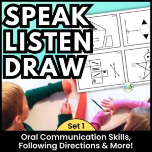 Two kids at table with pencil and paper to do Speak, Listen, Draw Winter Activity. Four sample geometric drawings shown.