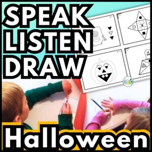Two kids at table with pencil and paper to do Speak, Listen, Draw Winter Activity. Four geometric Halloween images pictured.