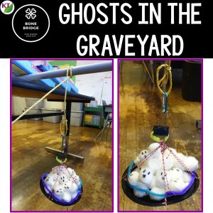 Ghosts Pulley Halloween STEM Challenge Activity with cotton ball ghosts lifted on a paper plate pulley.