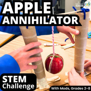 Back to school stem Apple Annihilator - apple wrecking ball design made with cardboard tubes, string, rubber bands and craft sticks