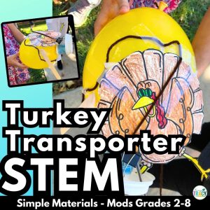 Turkey Transporter is a festive STEM activity for Thanksgiving, challenging students to design a way to safely and swiftly transport a turkey across a given horizontal or vertical distance