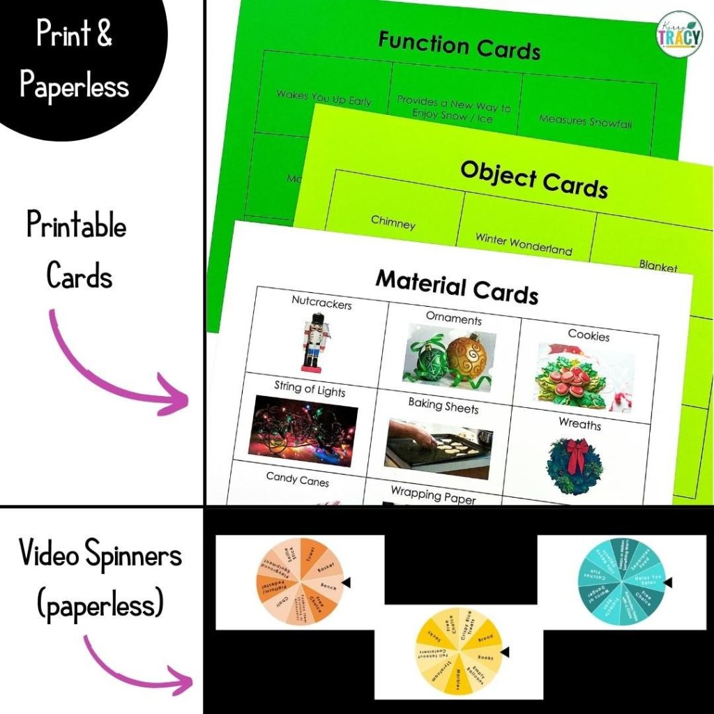 Christmas STEM Improv Activity showing the print and paperless versions of the materials, object and function cards for the activity