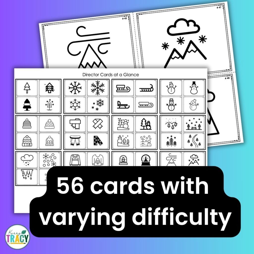 Sample page from Speak, Listen, Draw Winter Activity. 56 winter images of varying difficulty shown.