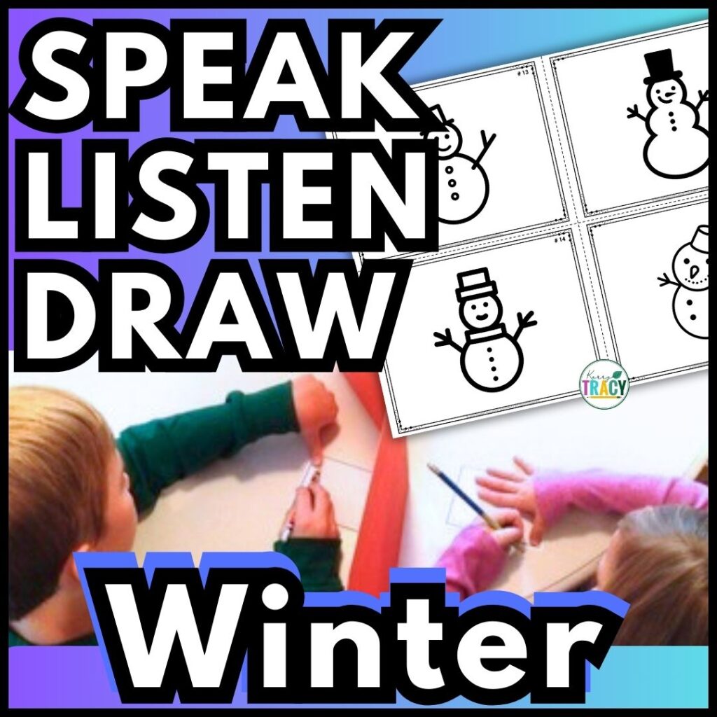 Two kids at table with pencil and paper to do Speak, Listen, Draw Winter Activity. Four snowman pictured.