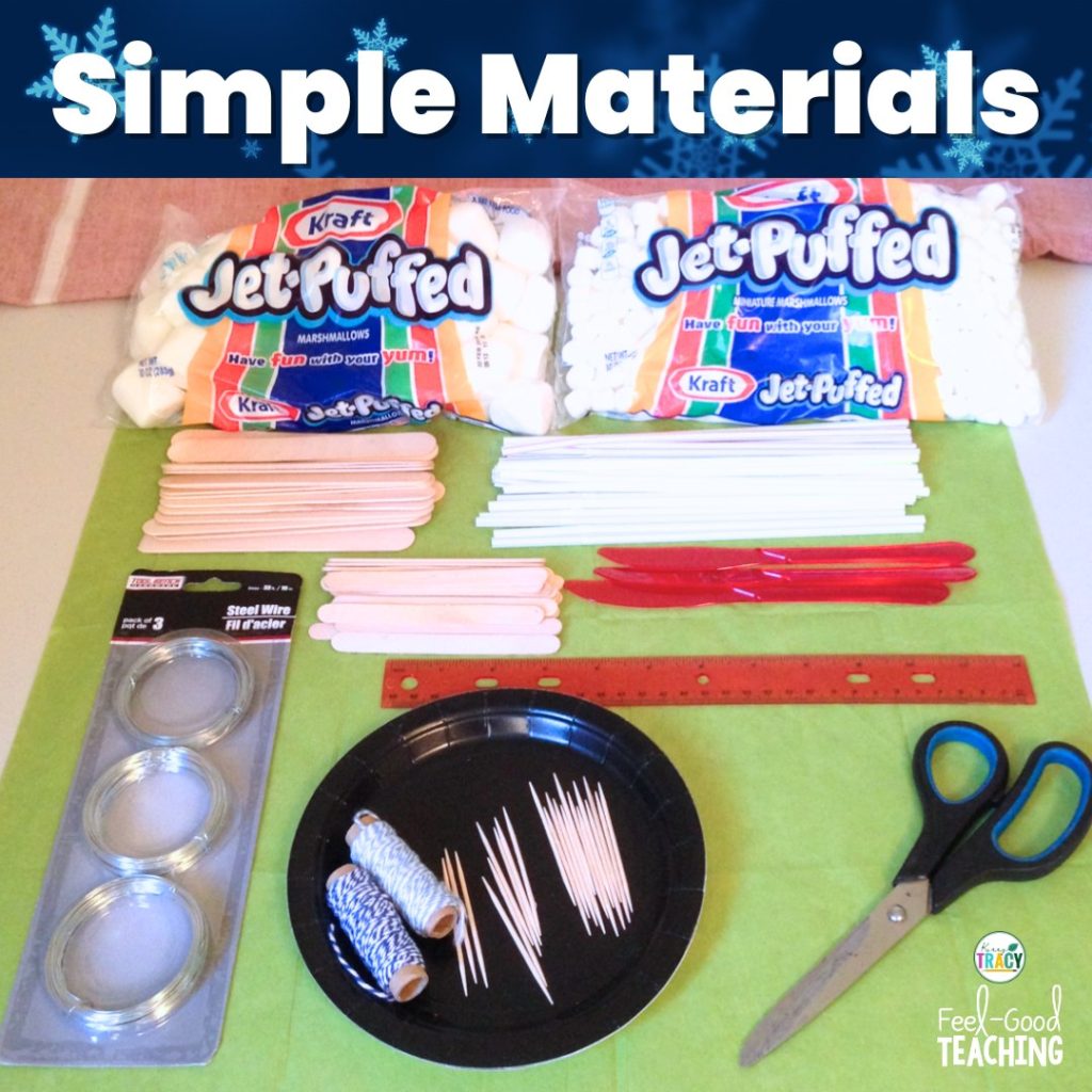 Fortress Winter STEM Activity materials - marshmallows, craft sticks, paper plates, straws, plastic cutlery, toothpicks, string, etc.