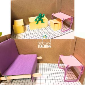 Furniture STEM Activity room designs made of shoebox, craft sticks, paper and pipe cleaners