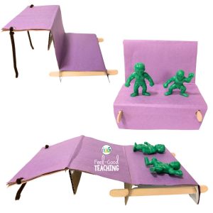 Furniture STEM Activity room designs made of shoebox, craft sticks, paper and pipe cleaners with two figures using the combination desk, couch, bed.