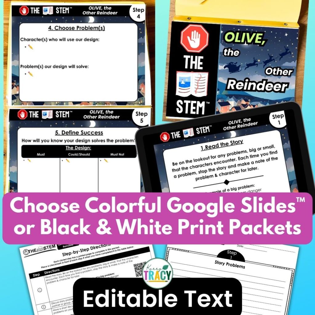 Stop the Story STEM Olive the Other Reindeer Student planning pages and slides