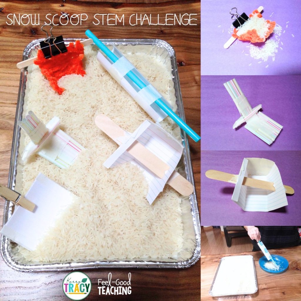 Snow Scoop Winter STEM Activity designs made of simple materials in a container of rice.