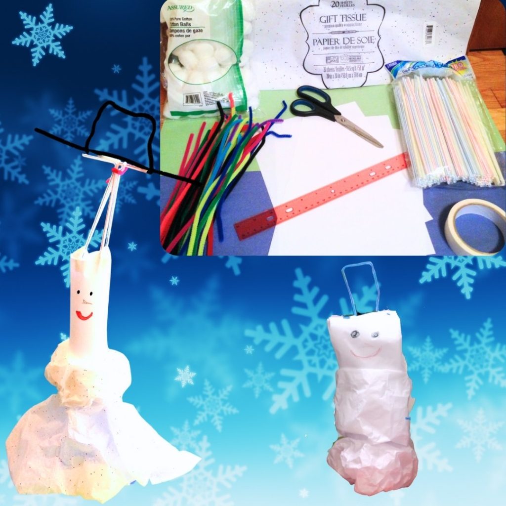 Snowman STEM designs and building materials - paper, pipe cleaners, tissue paper, tape, scissors, cotton balls and straws.