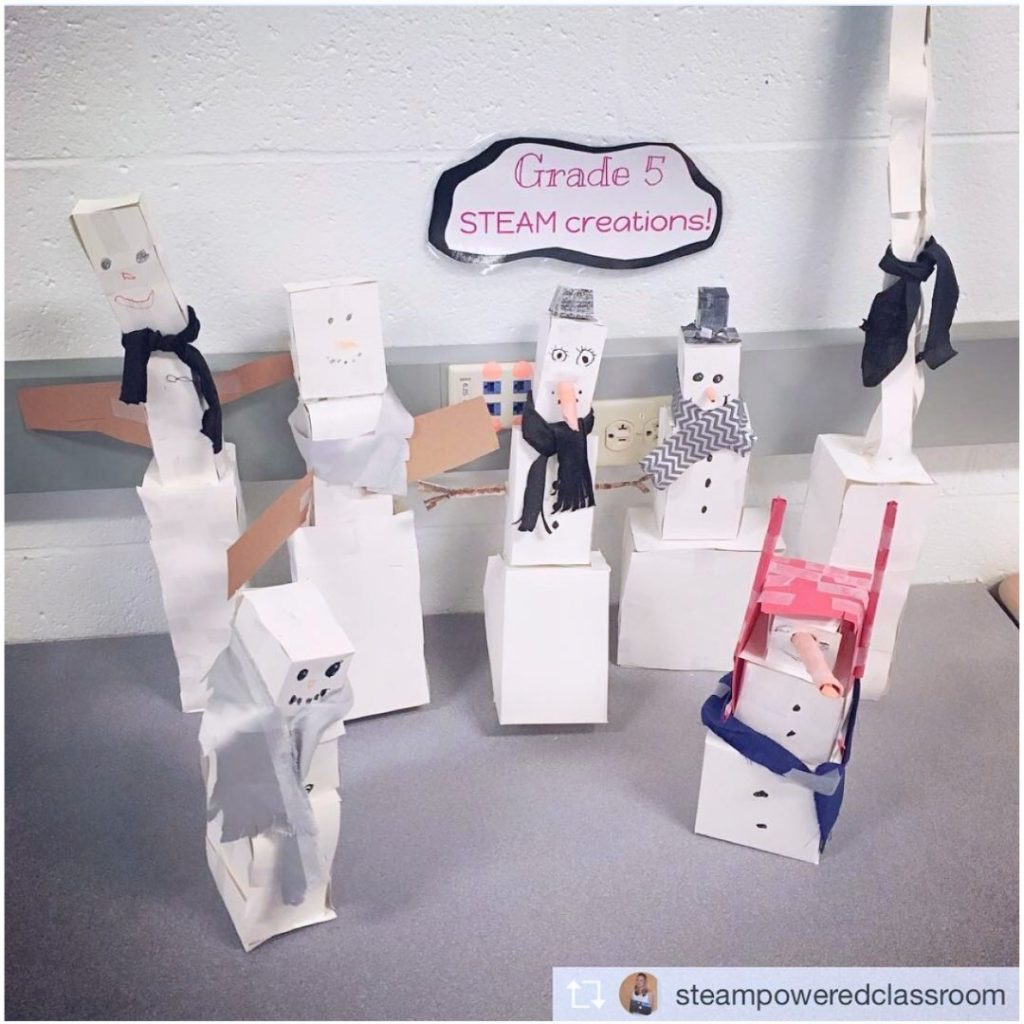 Snowman STEM activity designs shown, each built with three cubes.