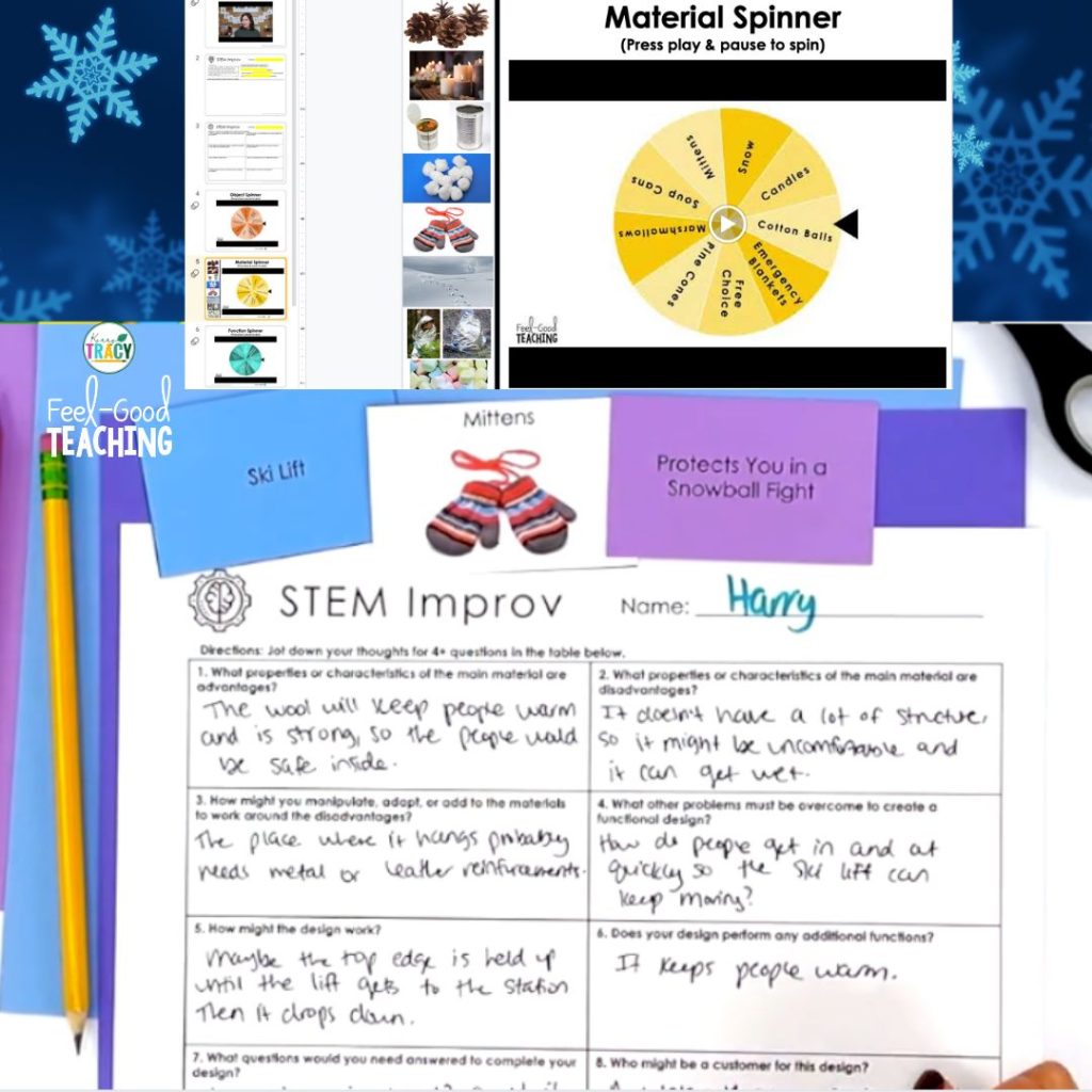 Winter STEM Improv Activity student spinner and reflection page