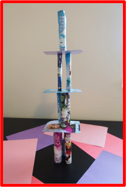 An example of a student created tower from Valentine's Day cards STEM activity