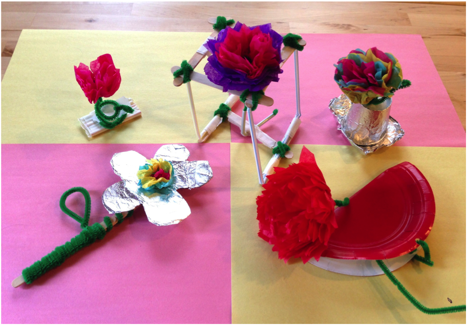 Student examples from four mini Valentine's Day or Mother's Day STEM challenges