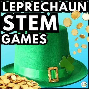 Leprechaun STEM Games with green leprechaun hat and gold coins pictured