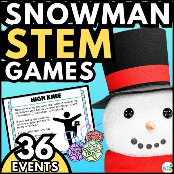Snowman STEM Games - 36 events. Snowman with hat and scarf pictured along with the High Knee challenge showing a figure balancing on one leg & holding a snowman hat on the other lifted knee. Printed student awards shown.
