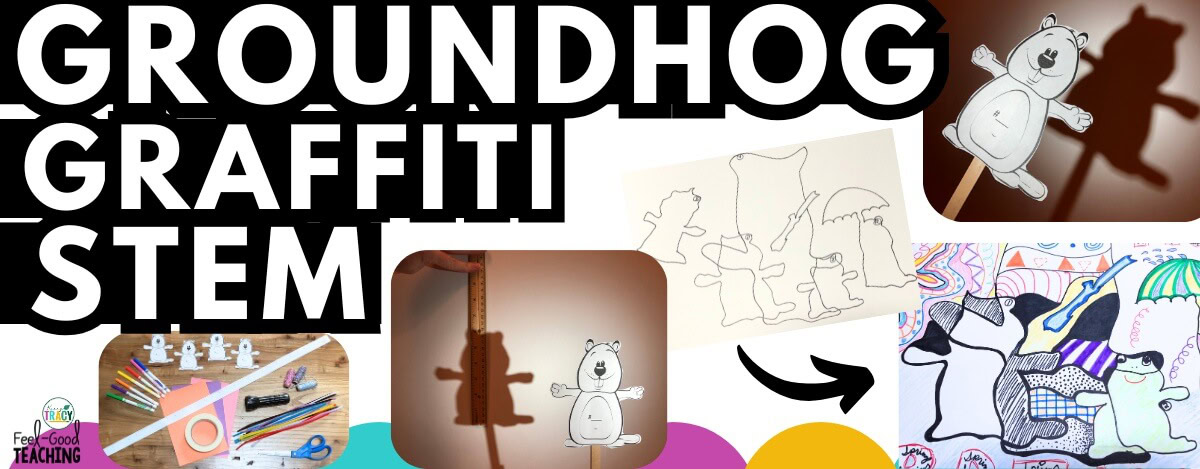 Groundhog Graffiti STEM - paper groundhog cutouts on a craft stick casting shadows on a wall. Paper showing overlapping tracings of the shadows & final project where colors and patterns are added to make a groundhog graffiti image. Materials shown include flashlight, paper, measuring tape, markers.