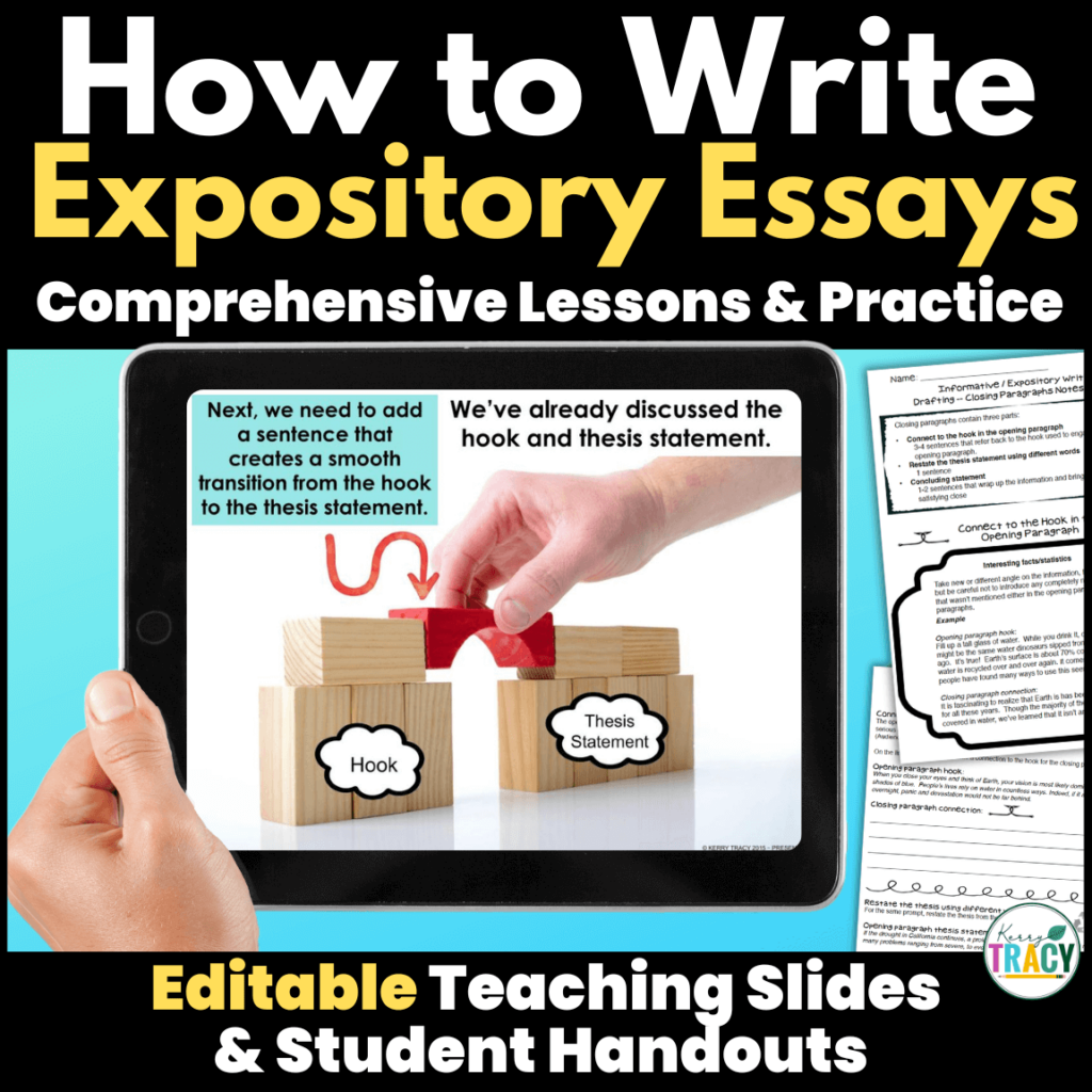 How to Write Expository Essays Comprehensive Lessons & Practice, editable teaching slides and student handouts