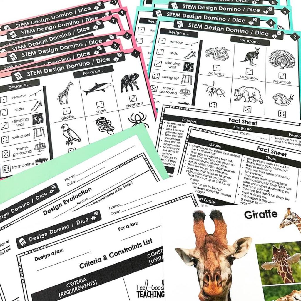 Low Prep STEM Activity Design Domino resource components shown - task cards, animal facts and photos, reflection questions