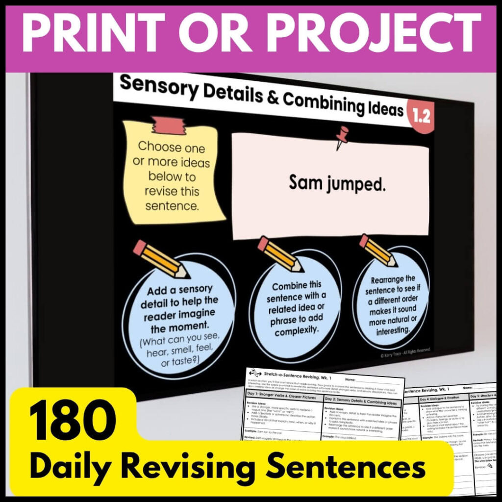Stretch Sentence Revising ELA Bell Ringer Print Worksheets or Project Slides