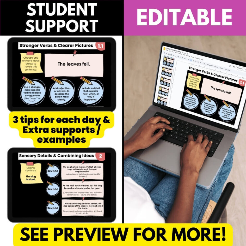 Stretch Sentence Revising ELA Bell Ringer Editable Slides and Worksheets