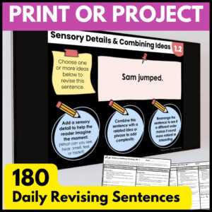 Expanding sentences - Stretch Sentence Revising ELA Bell Ringer Print Worksheets or Project Slides