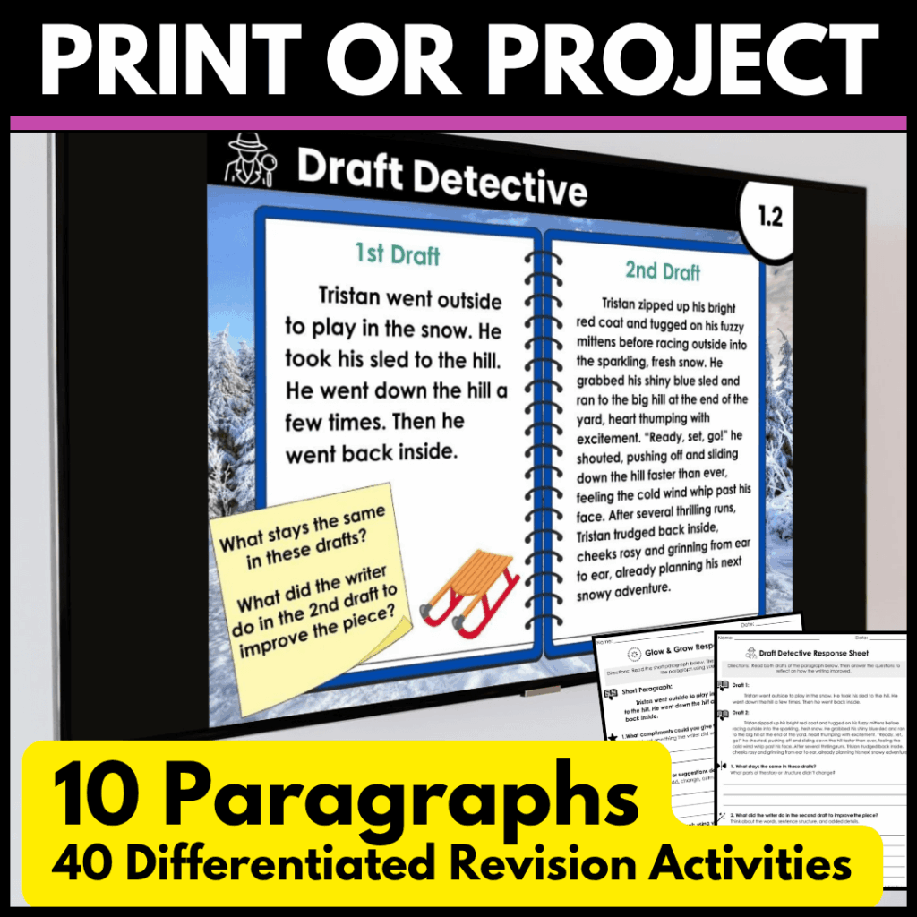 Revising paragraphs draft detective example projected on screen.