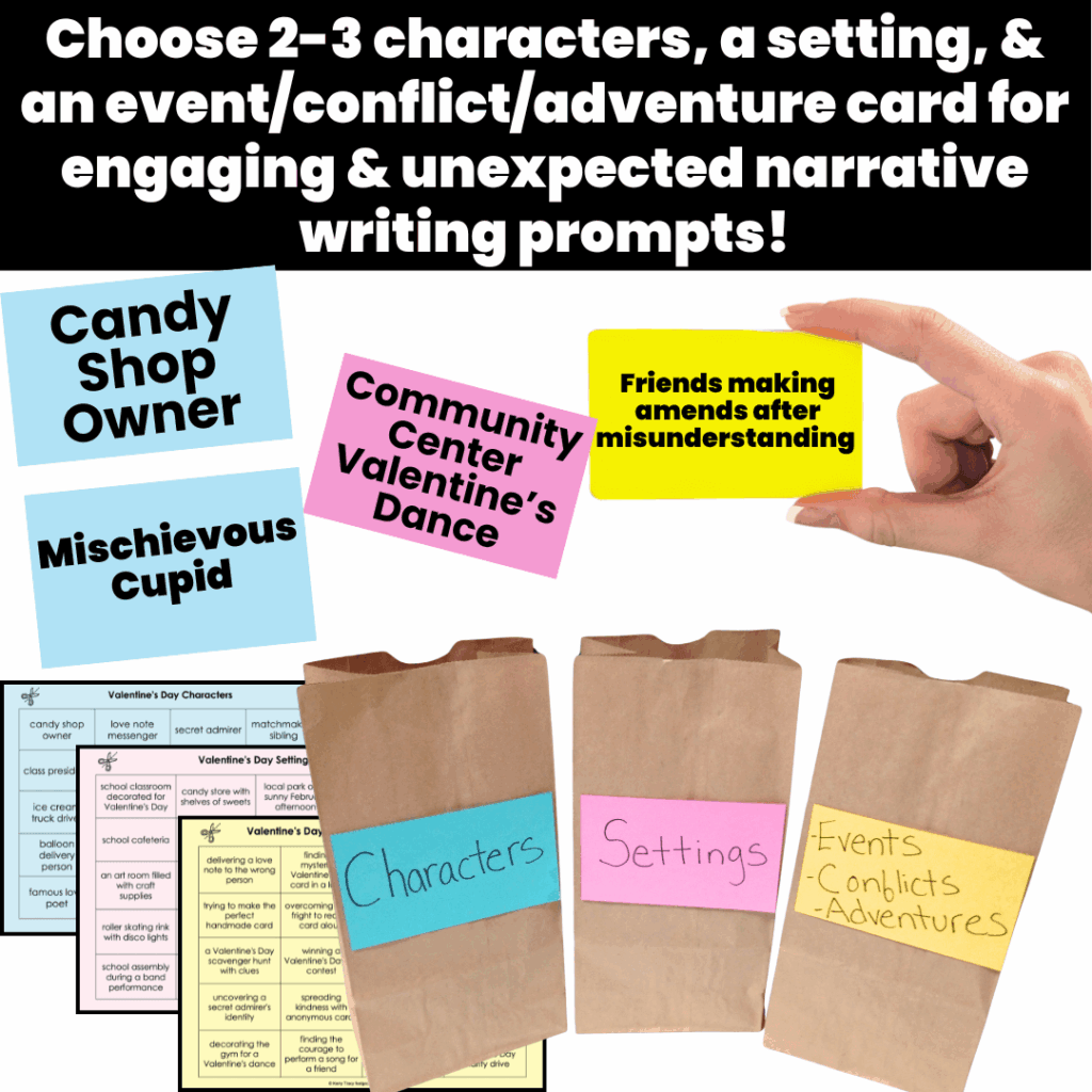 Valentine's Day ELA Narrative Writing Activity - Random choice characters, settings, and events
