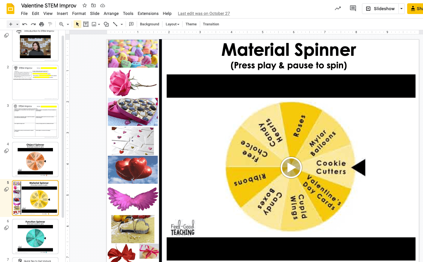 Valentine STEM Improv spinning wheels - materials, functions and objects