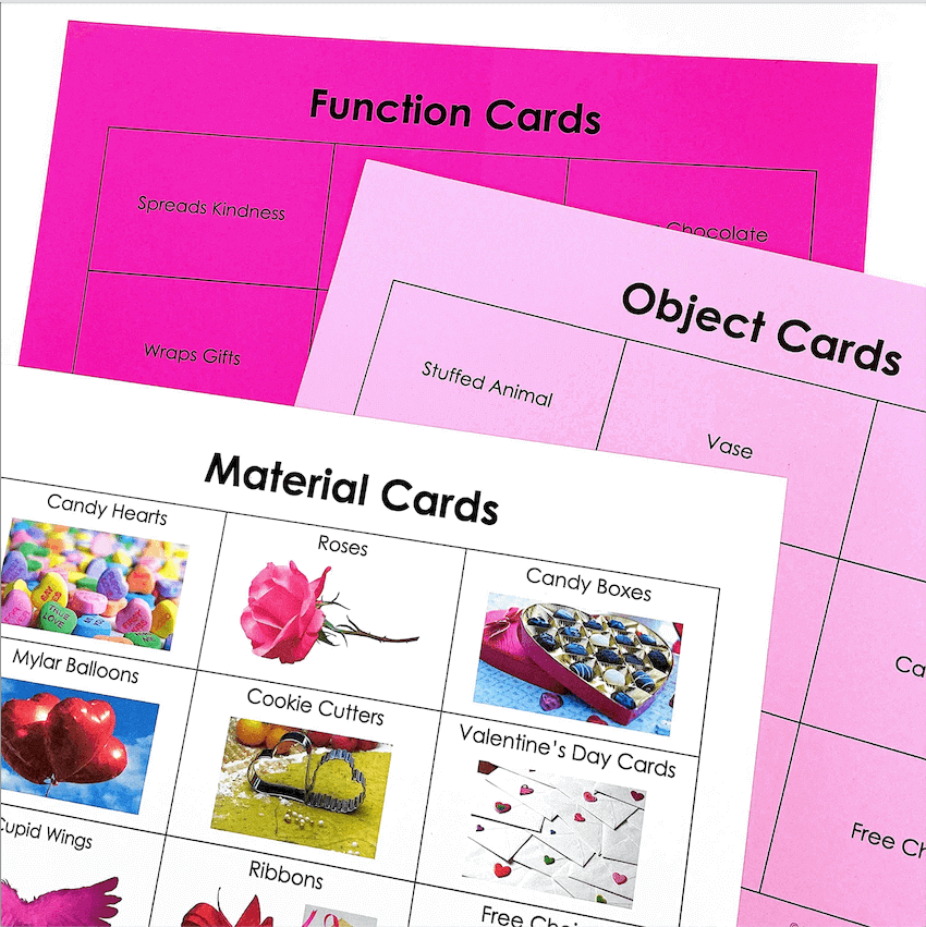 Valentine STEM Improv printable cards: materials, objects, functions