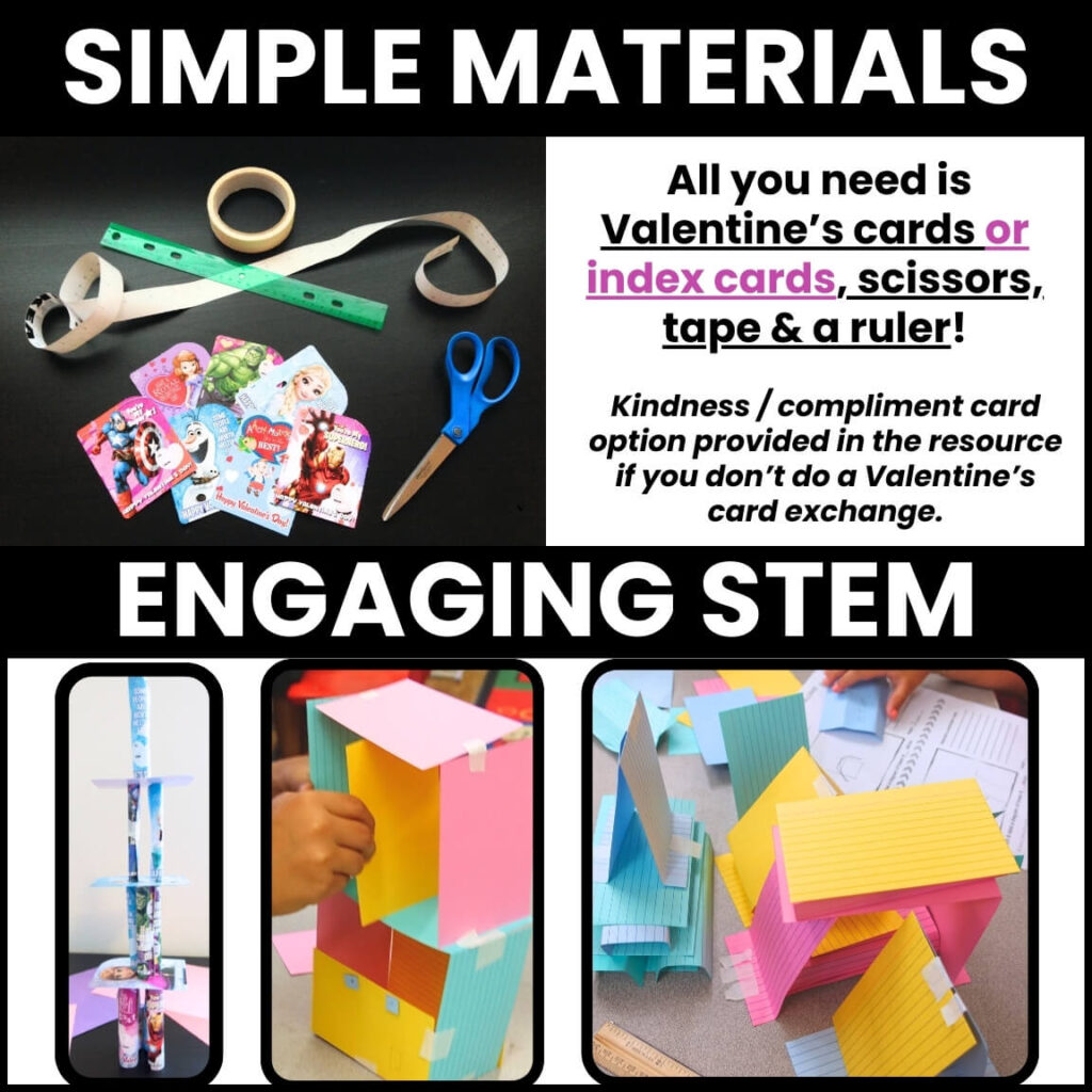 Valentine's Day Card Towers made with Valentine's Cards or Index Cards with Kindnesses attached