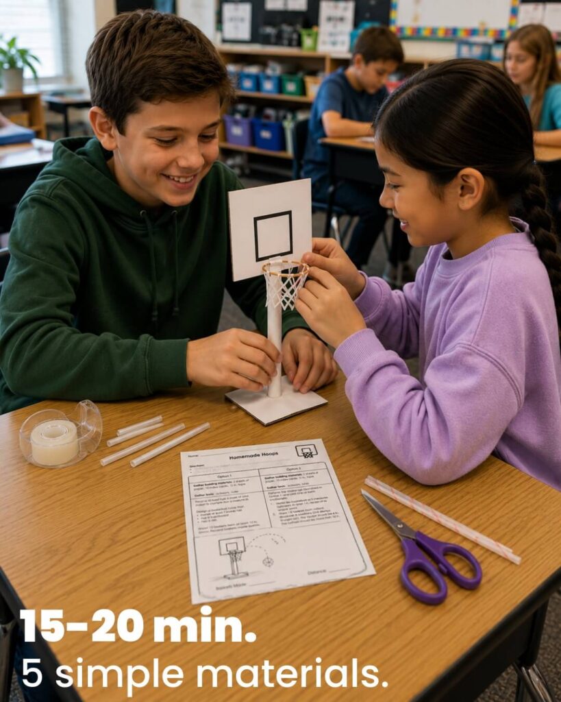 Students building easy stem activities at a table
