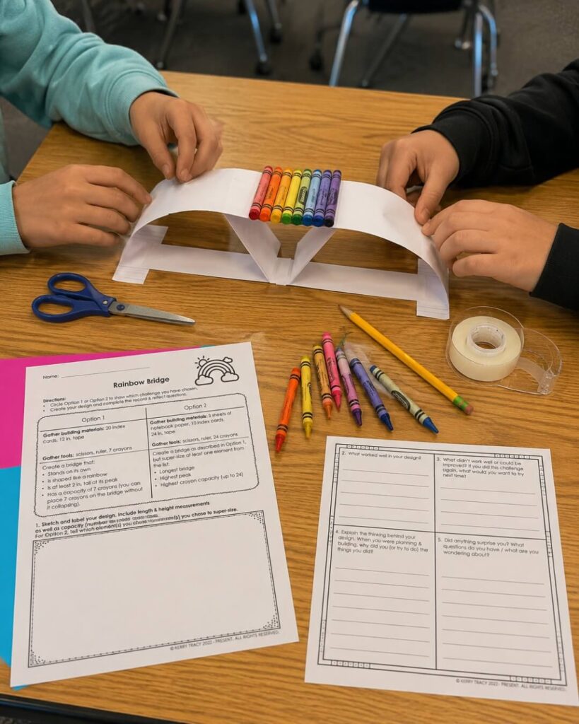 Students building easy stem activities at a table